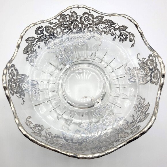 Vintage Silver Overlay Clear Glass Candy Dish Bowl Flowers Bowl Scalloped Edge - Picture 2 of 9